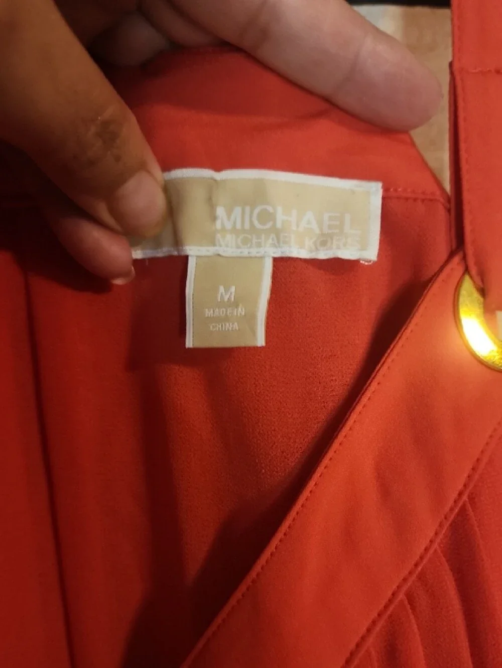 Michael Kors Coral Red Pleated Blouse with Gold Hardware